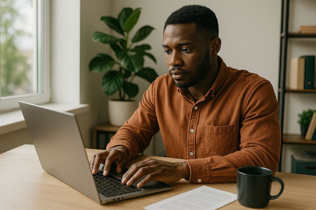 Black man typing on a laptop at a wooden desk near a bright window with a plant in the background.