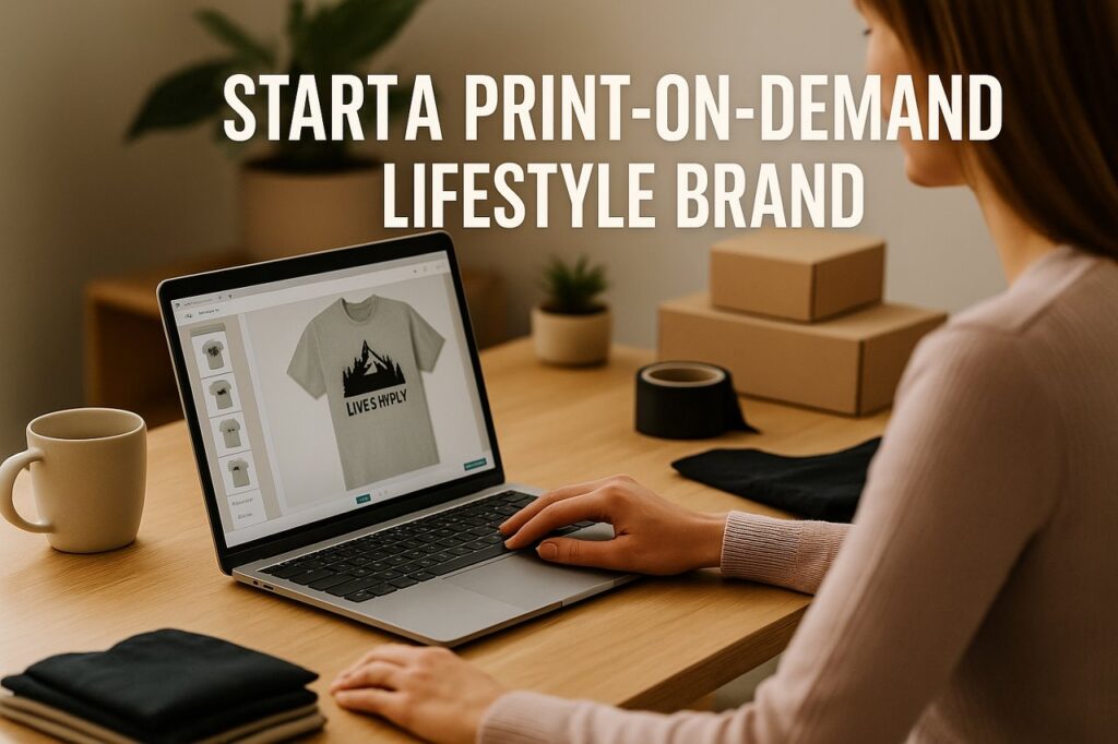 A woman designing a T-shirt on her laptop in a clean home workspace with boxes and shirts on the desk.