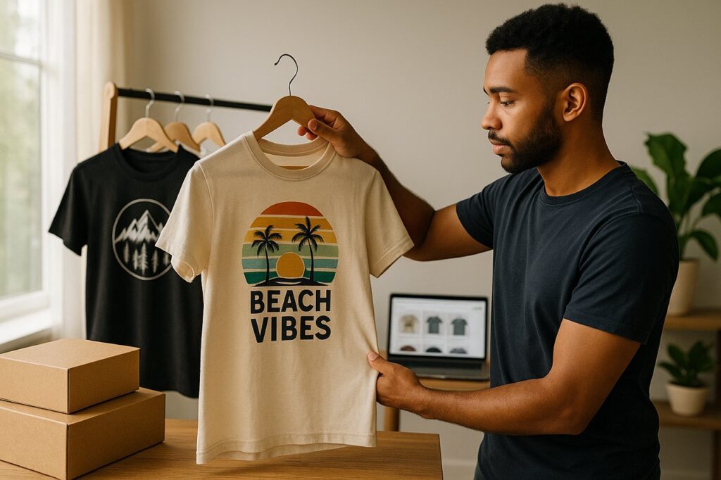 A man in a modern POD workspace holding up a printed T-shirt on a hanger with shelves, boxes, and soft natural lighting.
