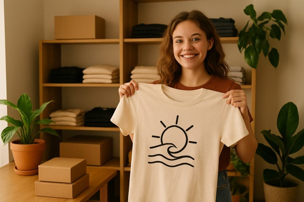 A smiling young Caucasian woman proudly holding a finished printed T-shirt in her small business studio with shelves, boxes, and plants.
