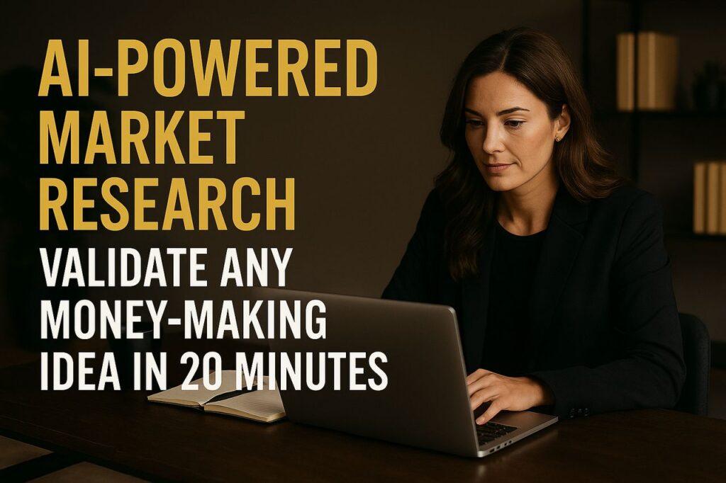 Woman in a dark blazer working on a laptop in a modern office, with bold text reading “AI-Powered Market Research – Validate Any Money-Making Idea in 20 Minutes.”