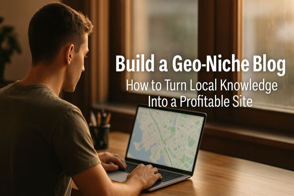 Young man working at a desk on a laptop showing a city map, warm lighting, geo-niche blogging concept.