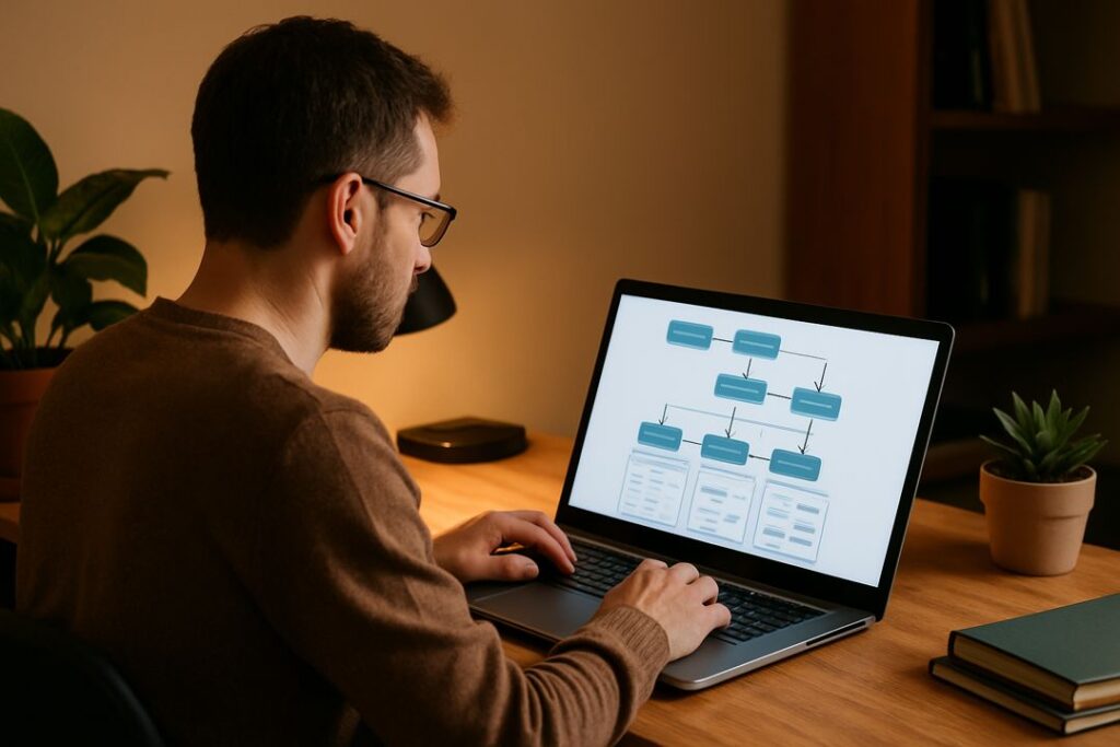 Caucasian man at a desk in warm lighting, creating or managing automation workflows on his laptop.