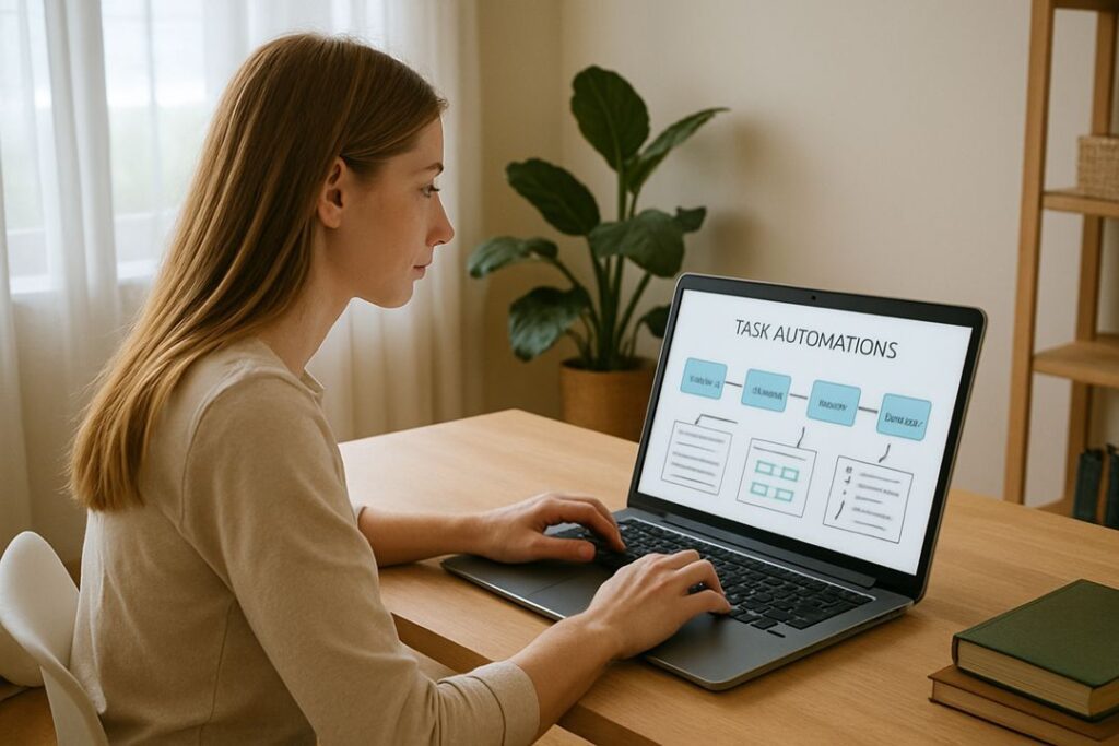 Caucasian woman in a bright workspace working on small digital automations on her laptop.
