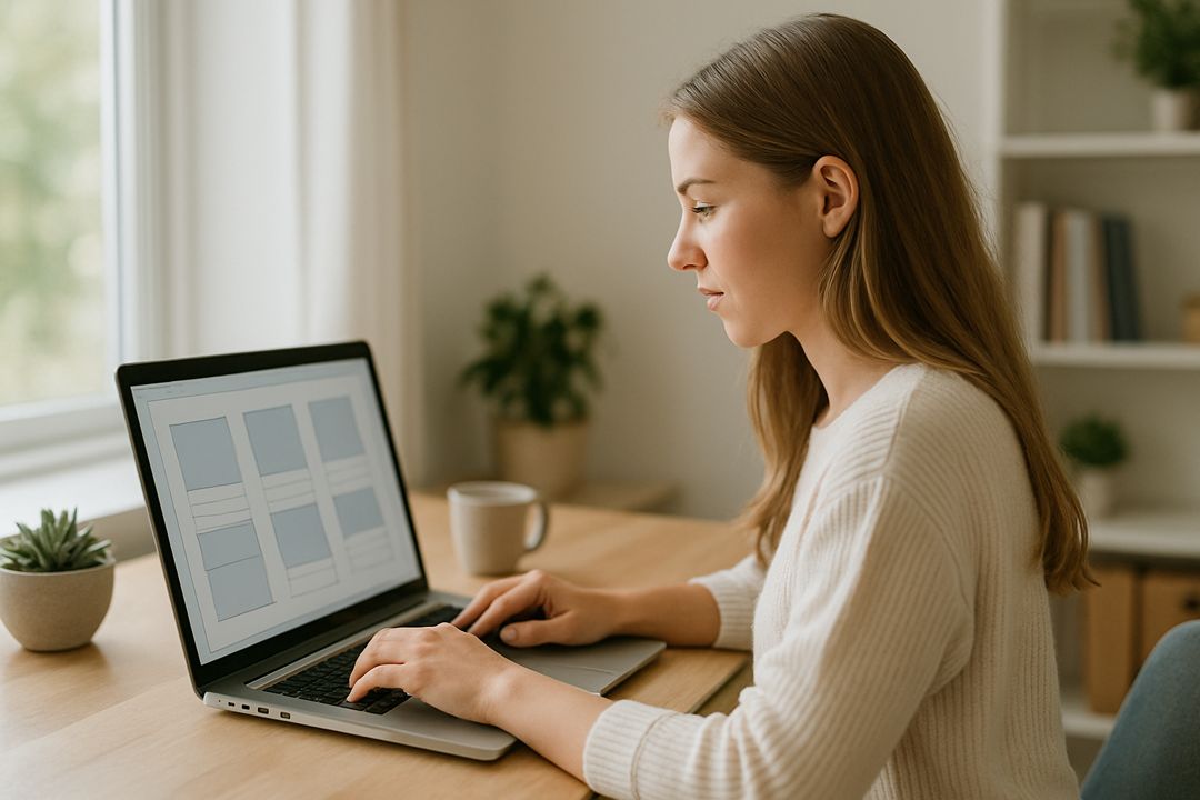 Caucasian woman in a bright workspace creating a digital product template on her laptop.