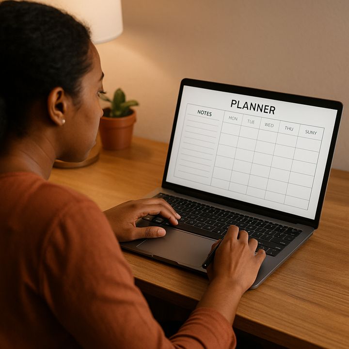 Black woman working at a desk in warm lighting while creating a digital product on her laptop.