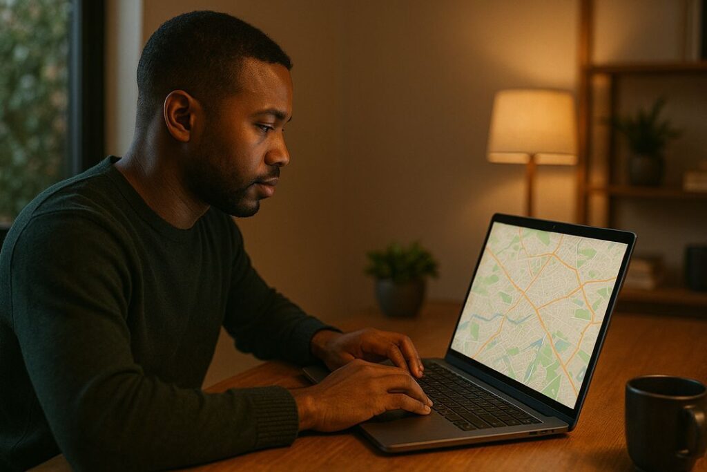 Black man blogging at a desk with a laptop showing a city map in warm lighting.