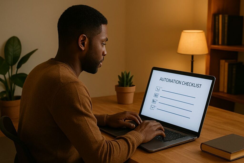 Black man in a modern home office creating a small automation checklist or workflow on his laptop.