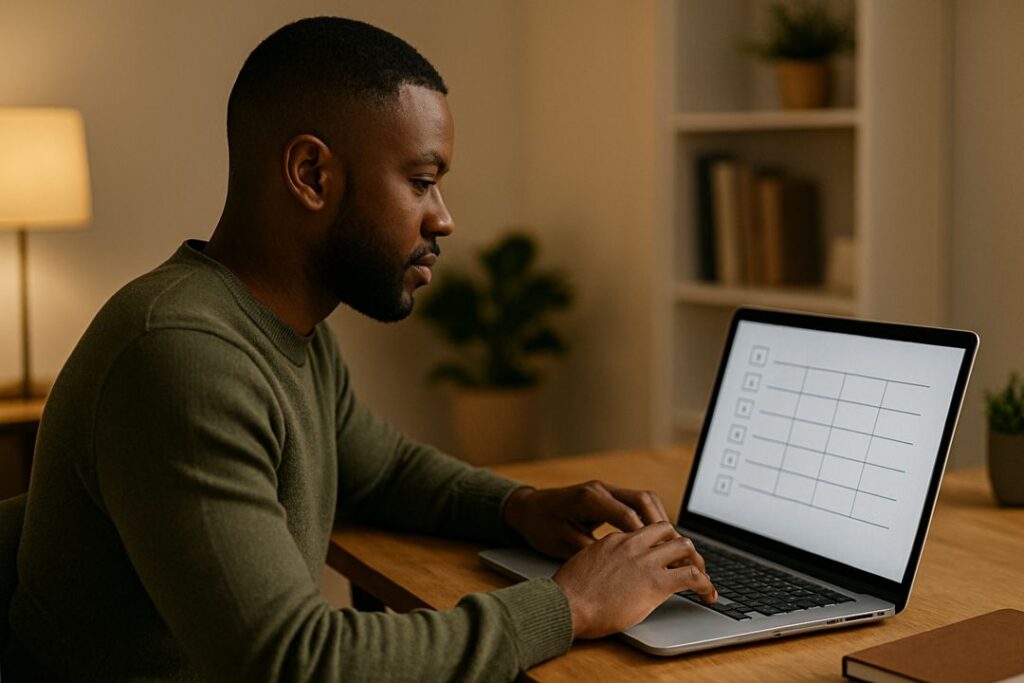 Black man in a modern home office creating a digital product checklist or tracker on his laptop.