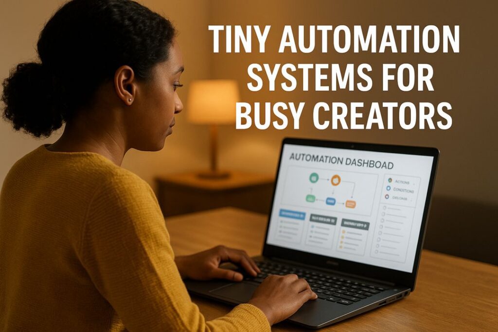 Black woman working at her desk with warm lighting, laptop displaying an automation dashboard in an over-the-shoulder view.