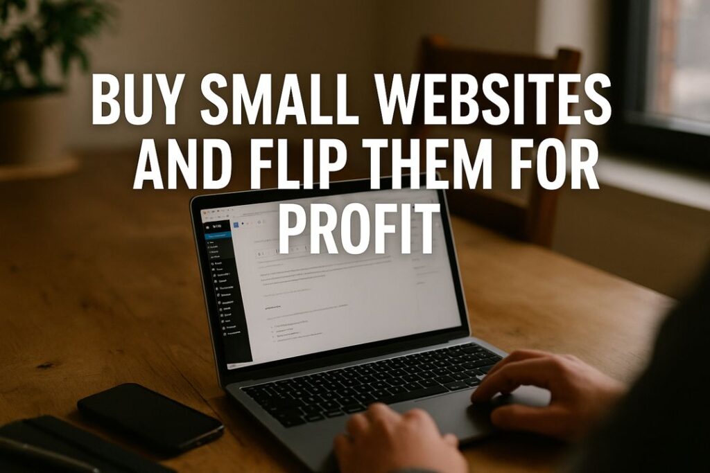 Person working on a laptop in a home setting while managing a website dashboard, representing buying and flipping small websites for profit.