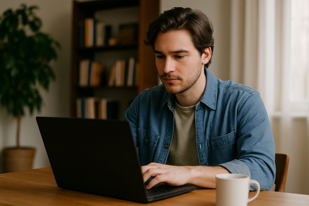 A man typing on a laptop at a home desk, showing how entrepreneurs can build an online business with a simple, affordable computer.