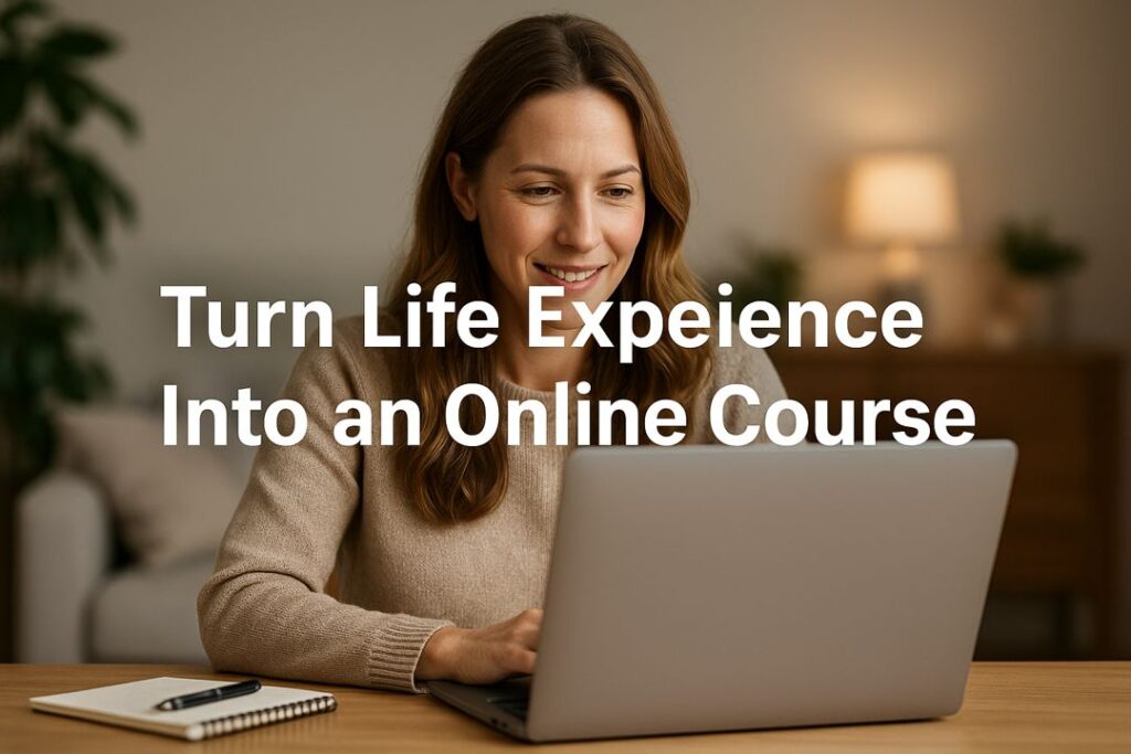Woman smiling while working on a laptop in a warm home setting, representing turning life experience into an online course.