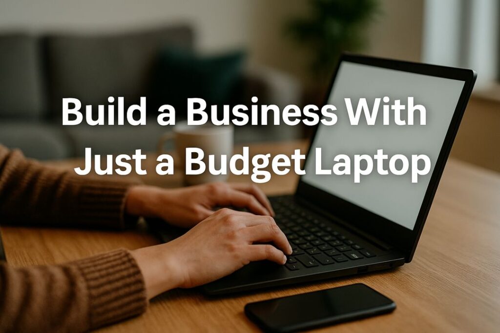 Person working on a budget laptop at a wooden table, illustrating how to start an online business with minimal equipment.