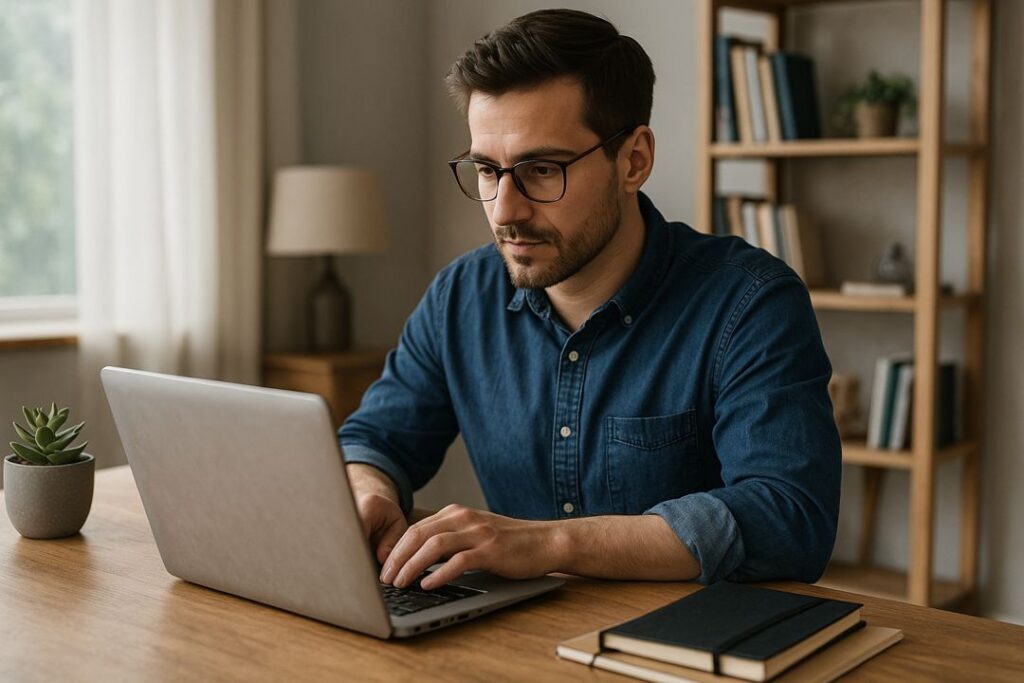 Young man typing on a laptop in a home office, representing building an online business using low-cost equipment.