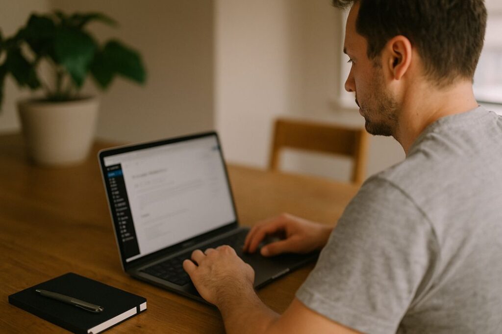 Middle-aged man typing on a laptop in a cozy home office, representing improving and optimizing small websites before flipping them.