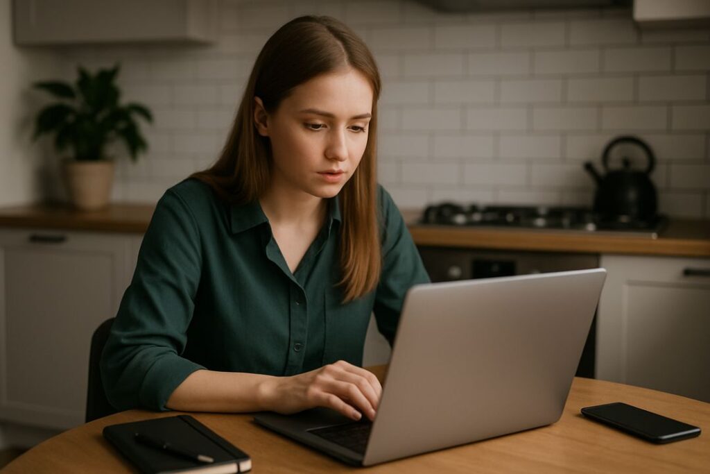 Young woman focused on her laptop at a kitchen table, illustrating beginners learning how to flip small websites for income.