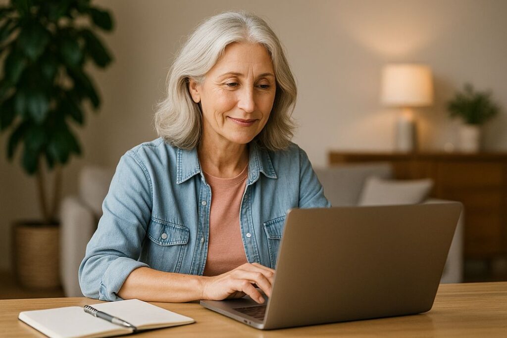 Mature woman typing on a laptop at a wooden desk, showing how life experience can be shared through online courses.