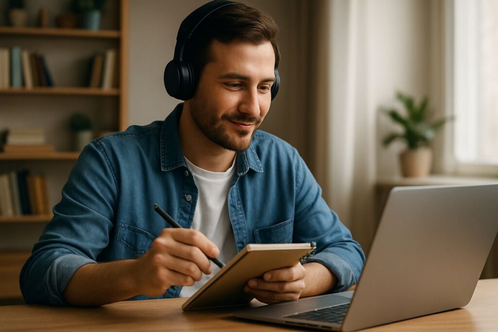 Man wearing headphones writing in a notebook while looking at his laptop, illustrating course creation from home.