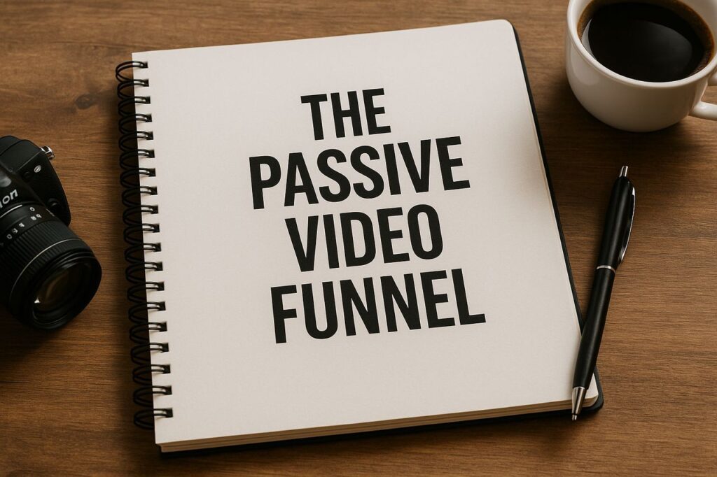 Bright photorealistic scene with a notebook titled “The Passive Video Funnel” on a wooden desk with camera, pen, and coffee cup.