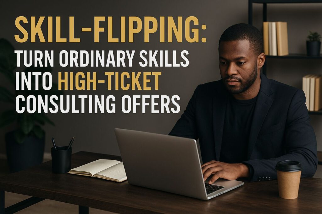 Professional man working on a laptop in a modern office, with bold gold-and-black text reading ‘Skill-Flipping: Turn Ordinary Skills Into High-Ticket Consulting Offers.’