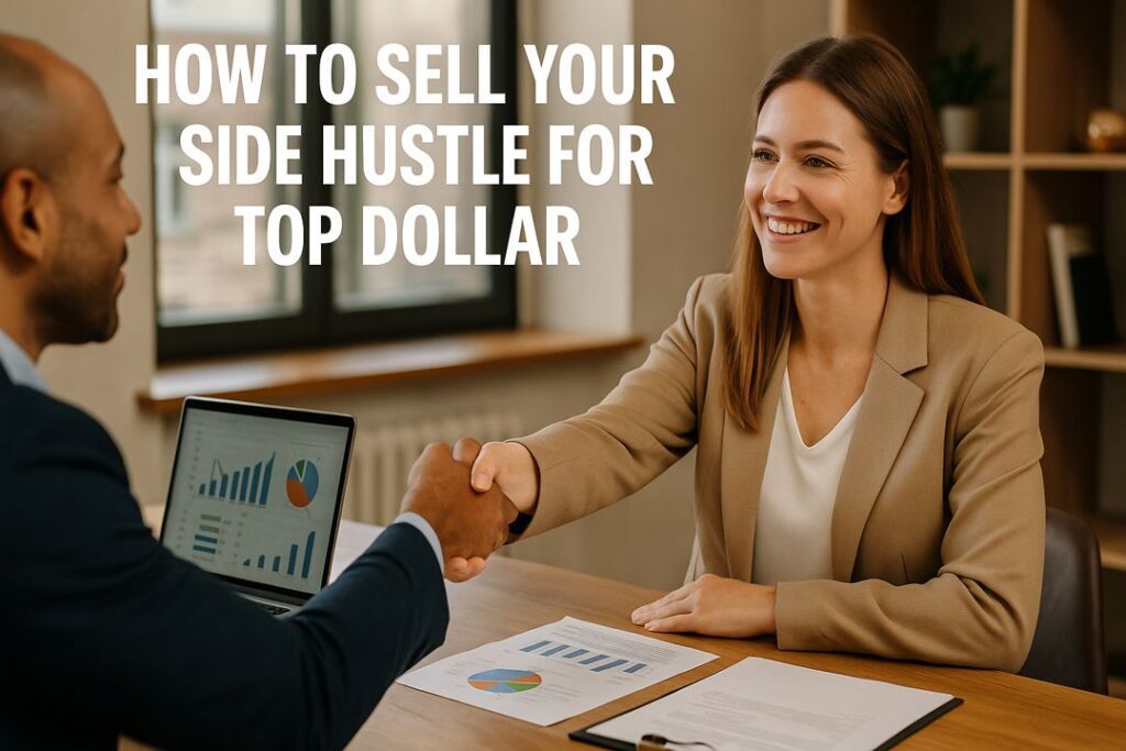 A diverse business scene showing a handshake between two professionals in a bright modern office, representing closing a side hustle sale.