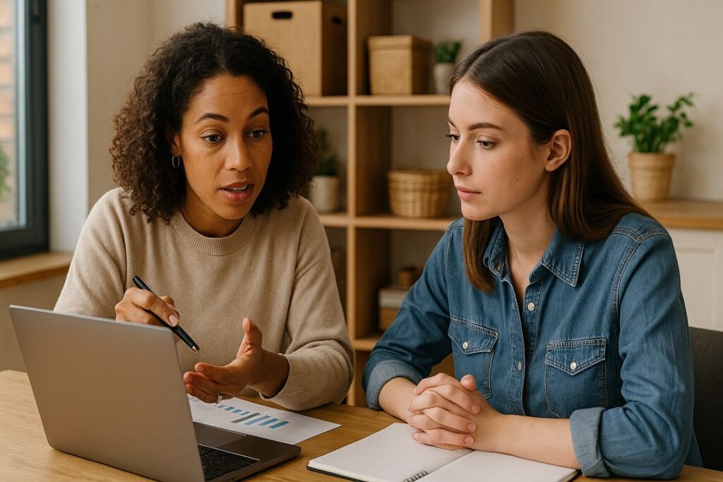 An African American woman explaining data on a laptop to a colleague in a warm home office setting, symbolizing business strategy discussion.