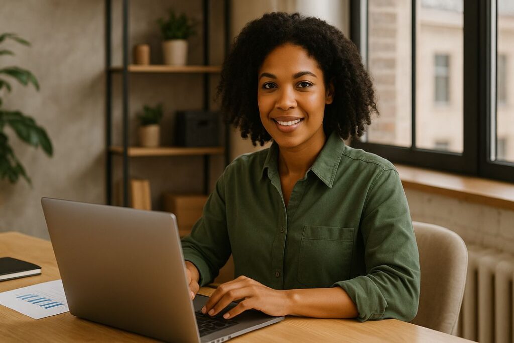 A smiling woman working at a laptop in a bright modern office, representing successful online entrepreneurs managing their business growth.