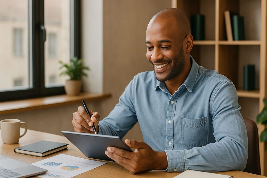 A smiling man reviewing documents and digital data on a tablet at a bright wooden desk, symbolizing confidence in a side hustle sale.