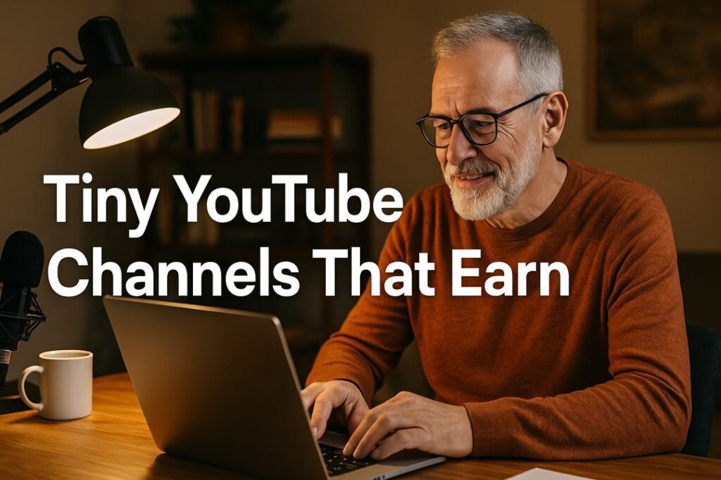 A middle-aged man recording voiceover with a microphone and laptop in a warm home office setting.