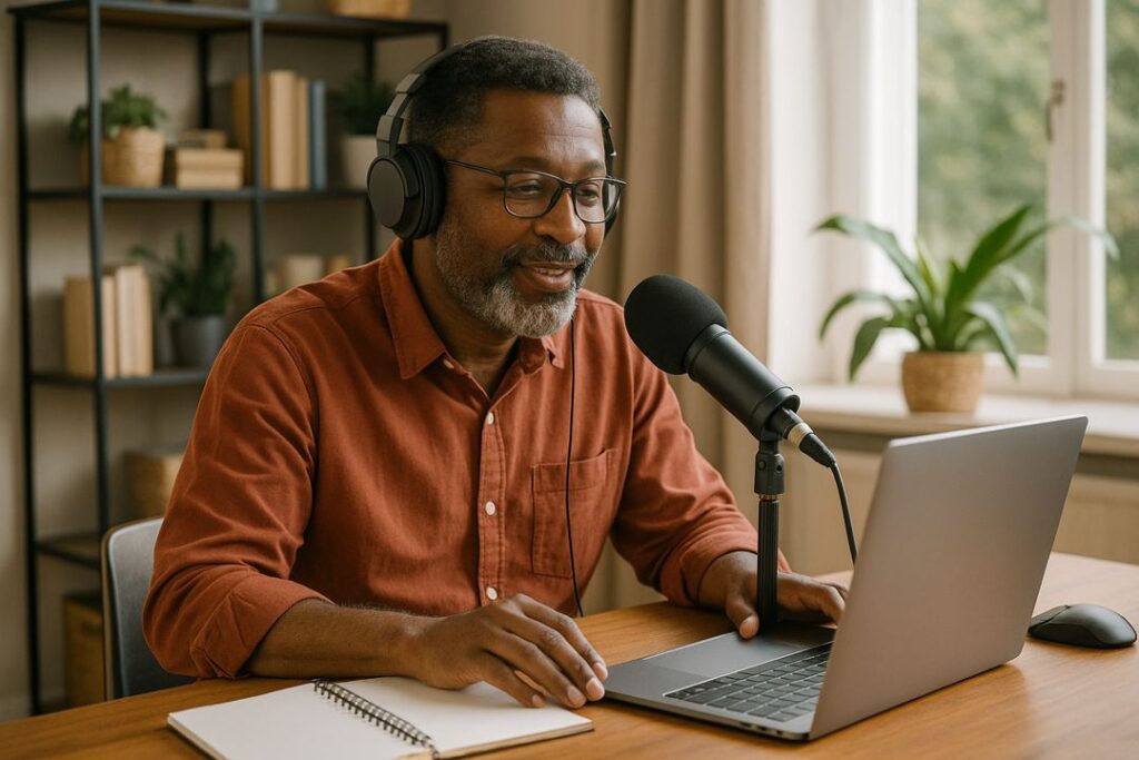A middle-aged Black man using a microphone and laptop to record helpful content from a home desk.