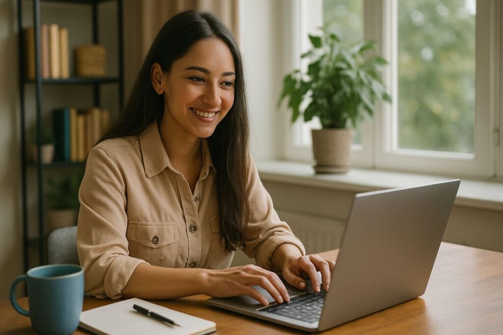 A young woman smiling while typing on her laptop in a sunlit home office.