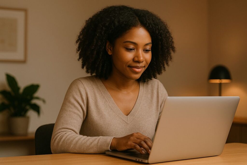Young Black woman typing on a laptop in a warm, cozy office environment.