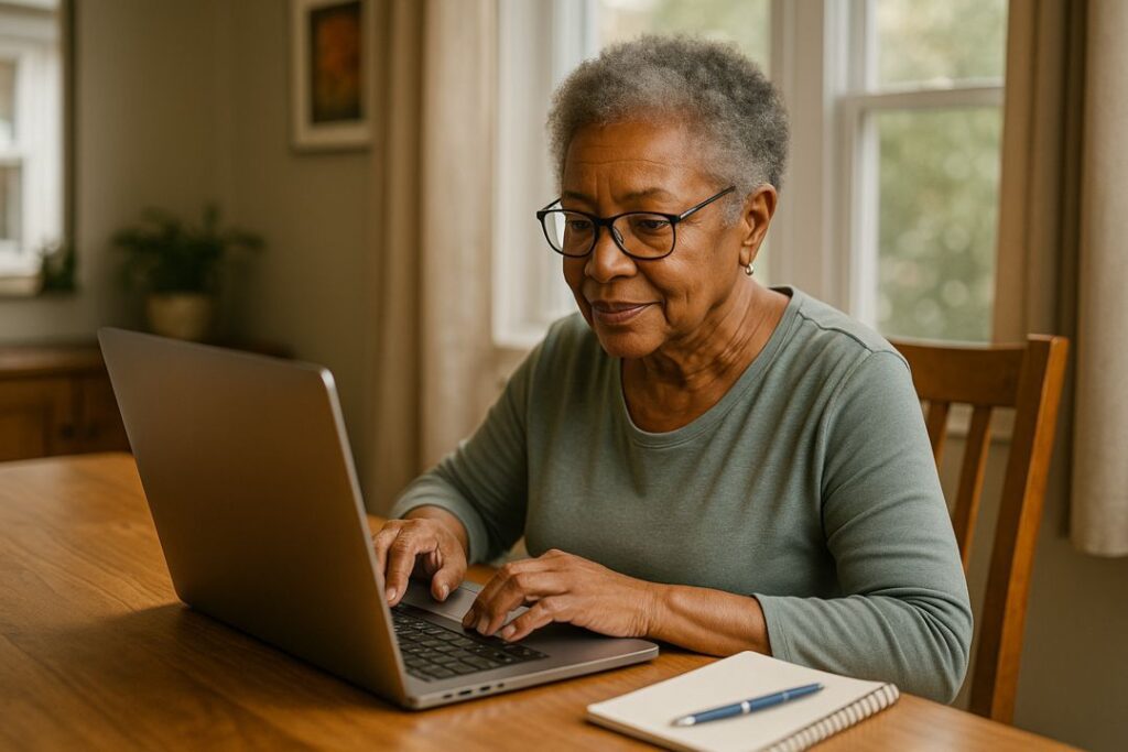 Older African American woman sitting at a wooden table using a laptop to research and create digital products.
