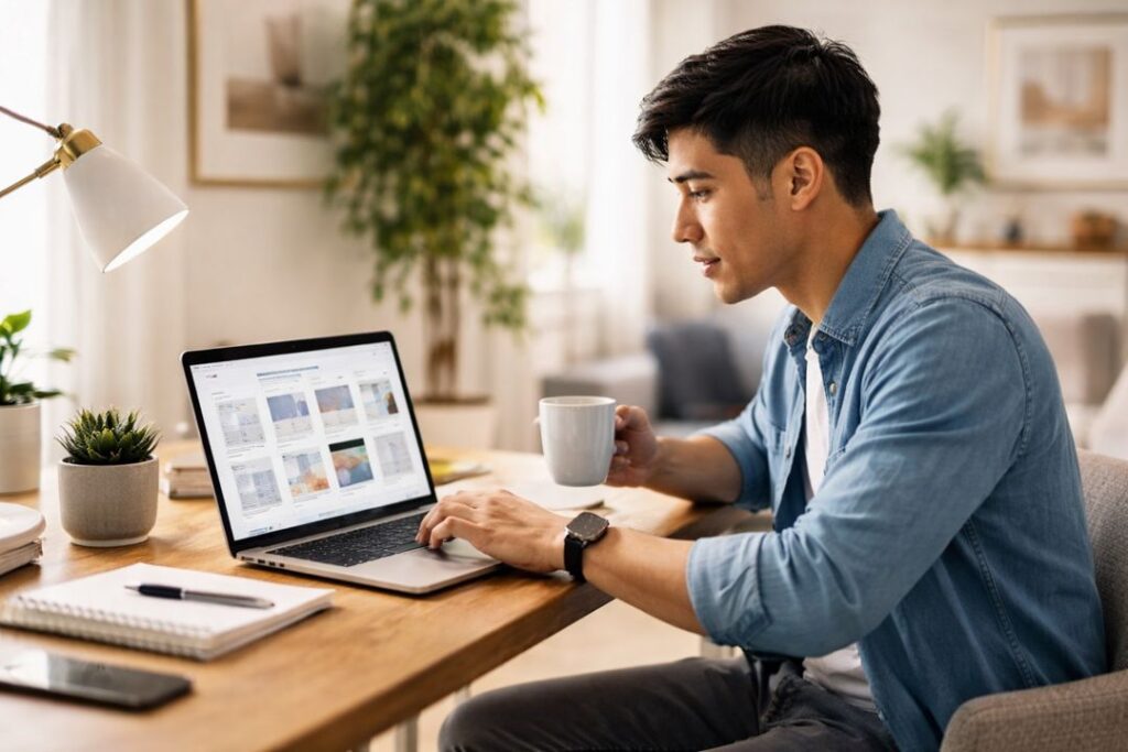 Young Asian man sitting at a home workspace using a laptop with soft natural lighting.