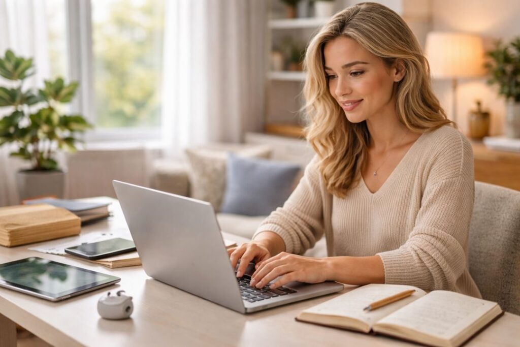 Young Caucasian woman at a bright desk using a laptop while organizing and transforming digital content.