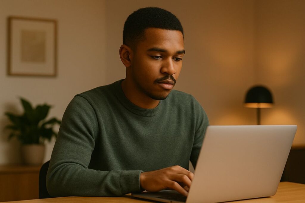 Young Black man focused while working on a laptop in a warmly lit indoor office.