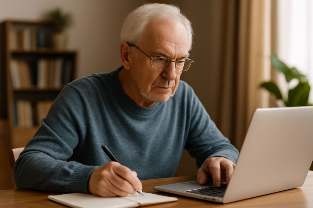 Elderly Caucasian man writing notes while using a laptop to research online income opportunities.