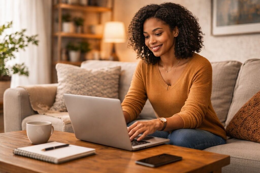 Young Black woman sitting in a warm, cozy living room using a laptop to work on digital tasks.