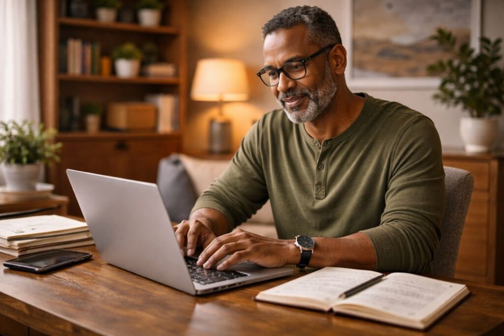 Middle-aged Black man using a laptop at a warm home office desk while reviewing written content.