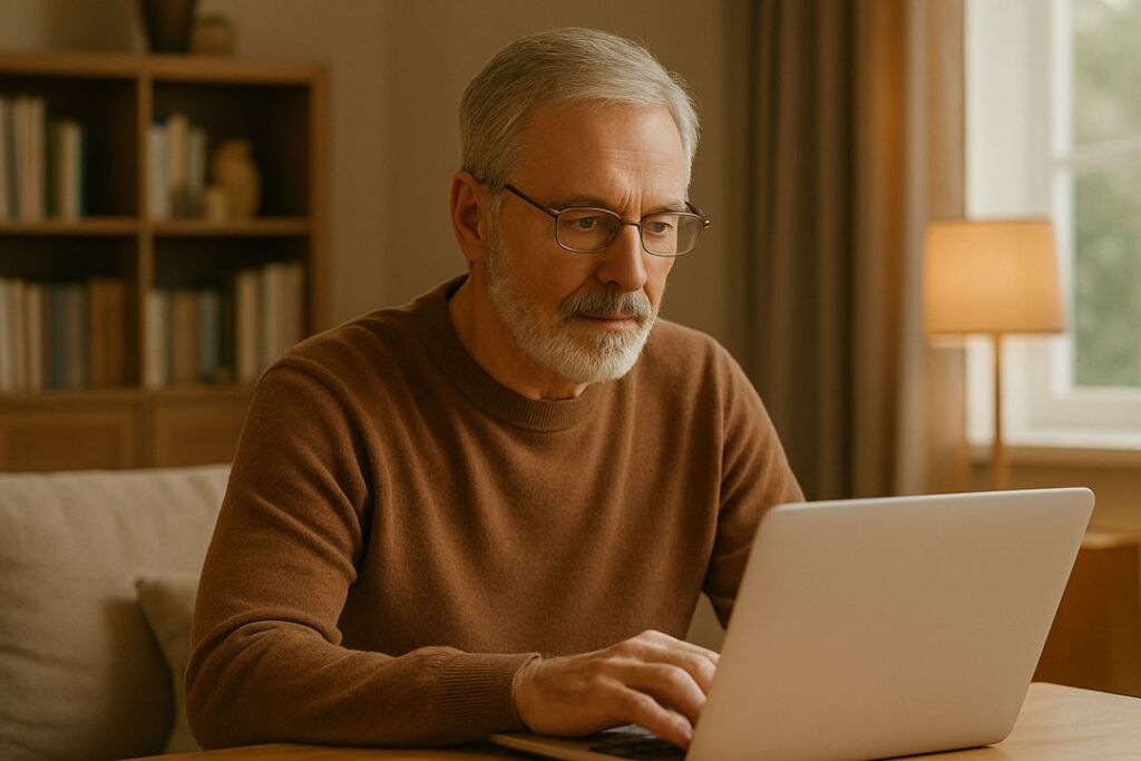 Older Caucasian man using a laptop in a warm, comfortable living room setting.