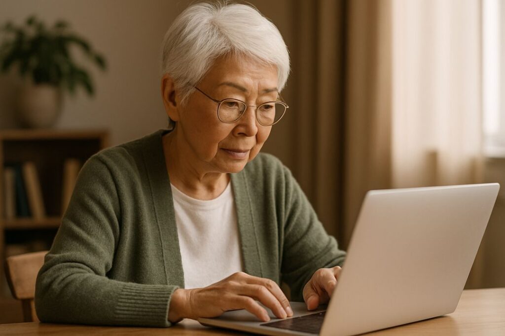 Older Asian woman typing on a laptop at a home table while researching online work and digital product ideas.