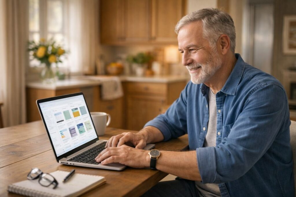 Older Caucasian man at a kitchen table working on a laptop with soft morning lighting.