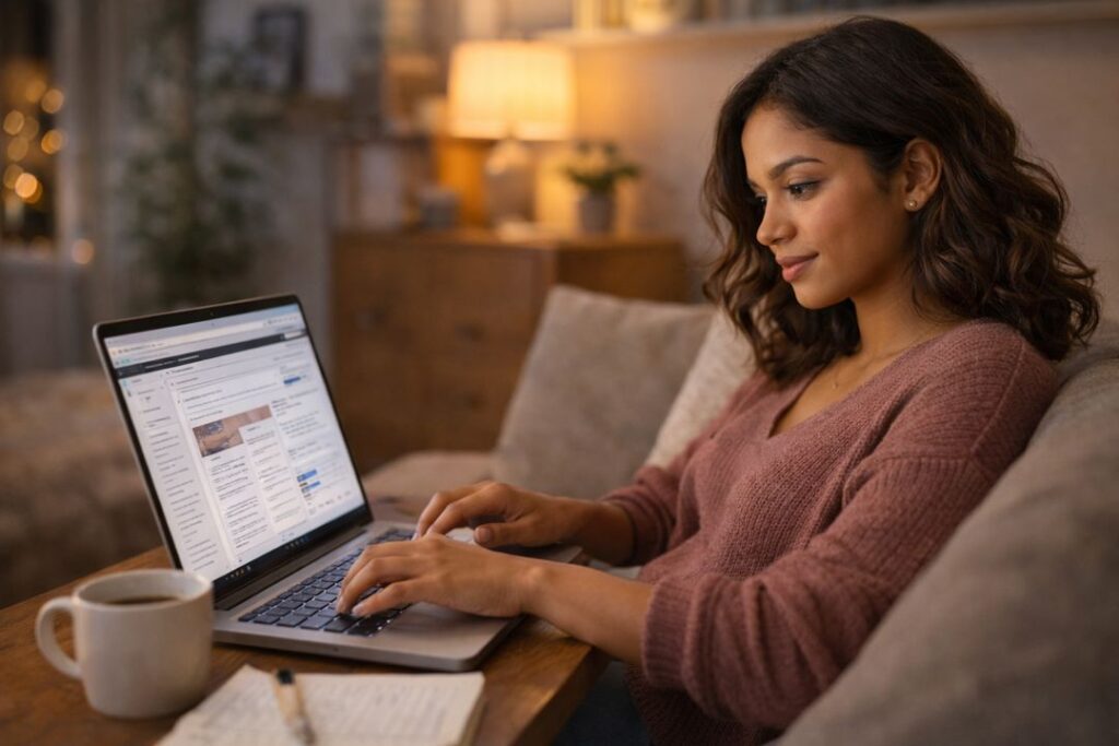 Young Latina woman sitting in a cozy living room using a laptop to rework and repurpose digital content.