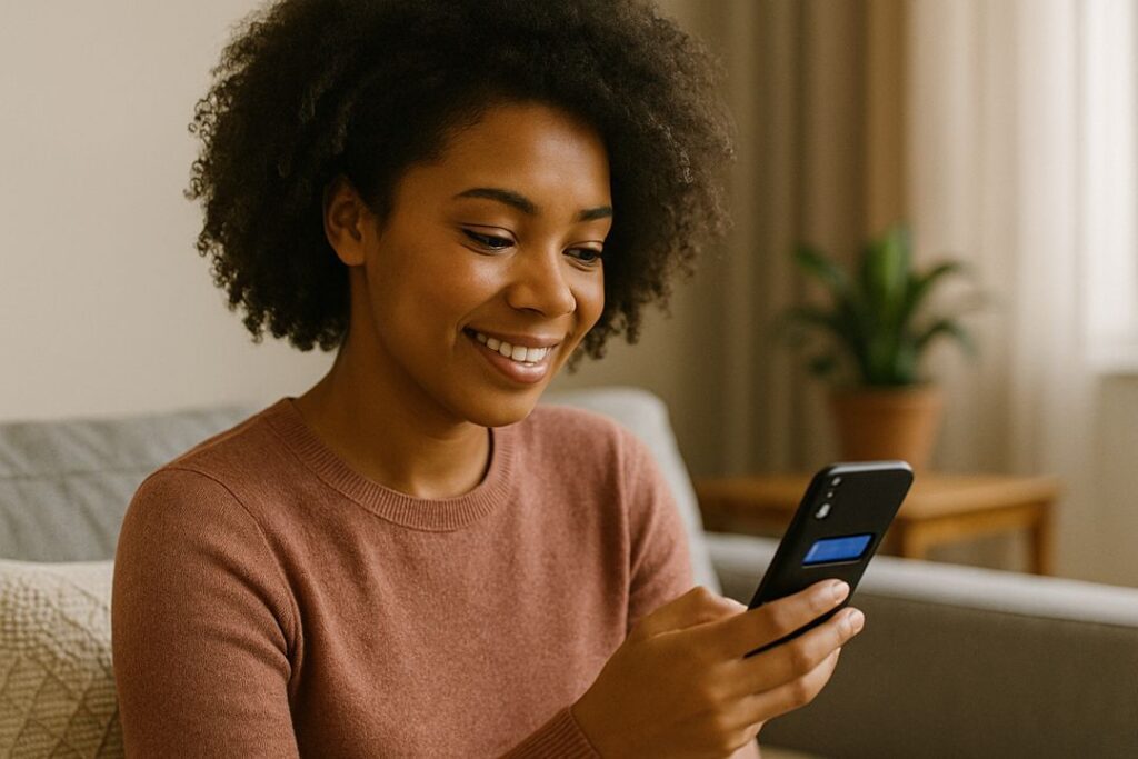 African American woman sitting on a couch with warm lighting, looking at direct messages on her phone.