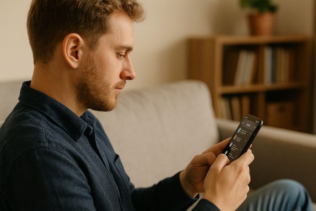 Caucasian man sitting at his desk checking direct messages on his phone in warm lighting.
