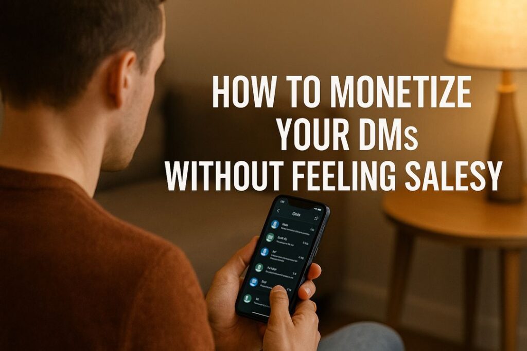 Person sitting at a desk checking direct messages on a smartphone, soft warm lighting, modern workspace.