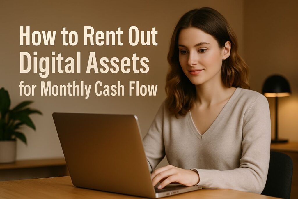 Young woman working on a laptop in a warm indoor office, focused on creating and managing digital assets.