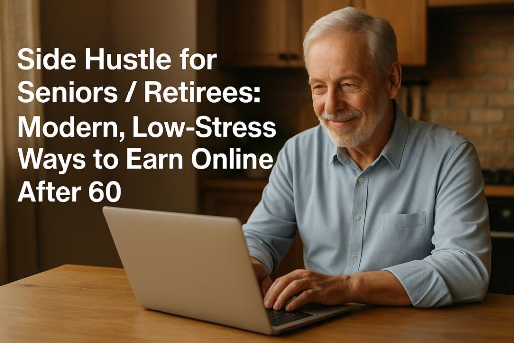Older man working on a laptop at a warm kitchen table, researching ways to earn income online after retirement.