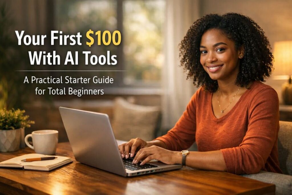 Young Black woman working on a laptop in a warm indoor office, focused on using AI tools to earn her first 100 dollars online.